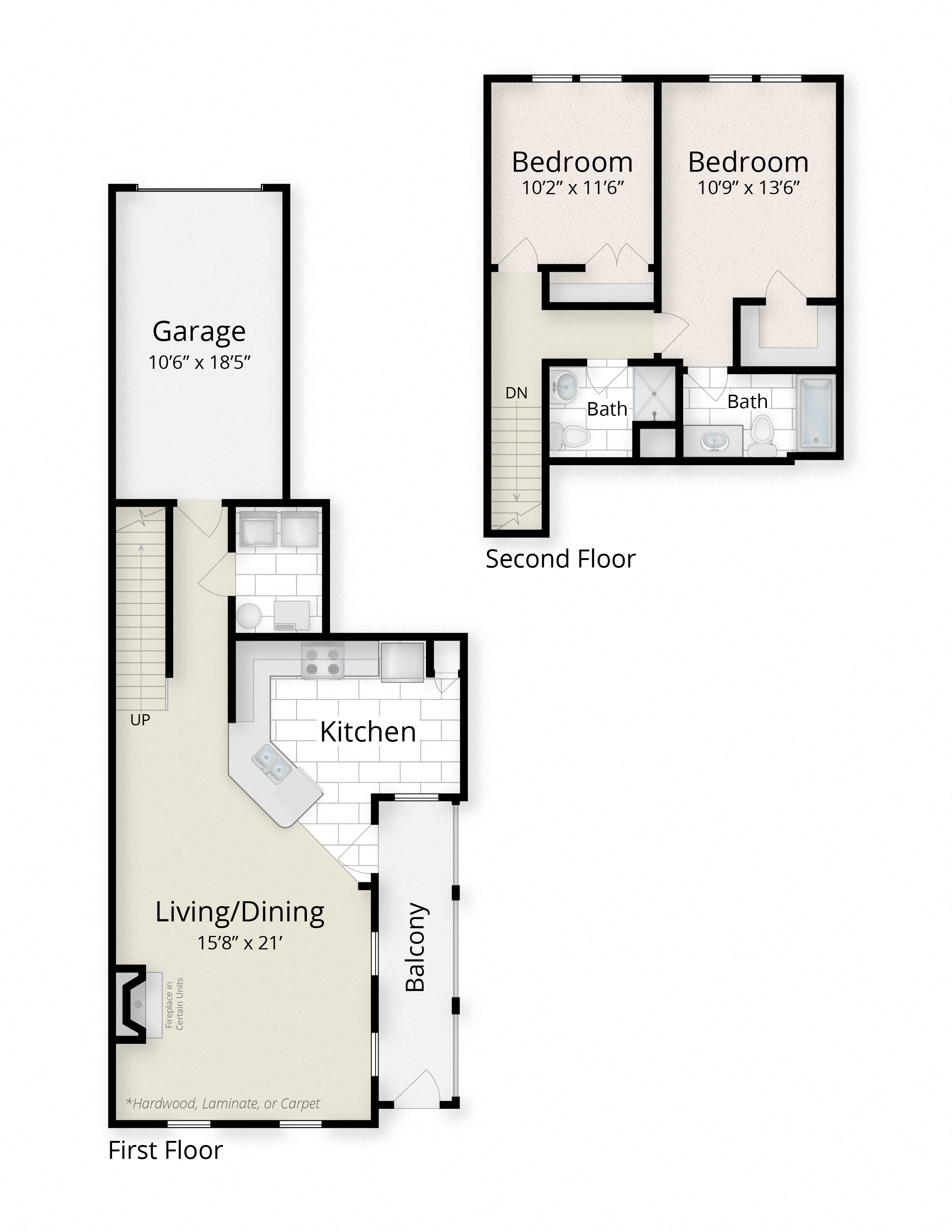 Floor plan for 2 beds, 2 baths, 1178 sqft